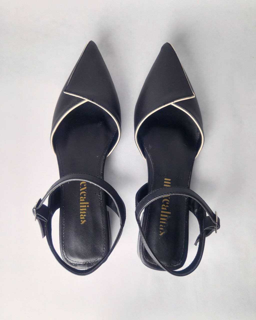 tacon alameda negro punta fina contraste blanco suela acolchada correa negra mexcalinas